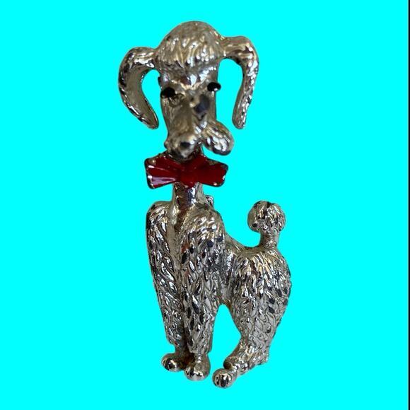 Vintage Silver Tone Poodle Dog With Red Bow Tie Brooch Pin 1.25” Tall - Picture 3 of 8